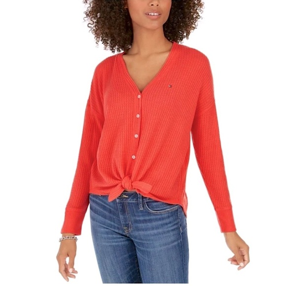 🌸Tommy Hilfiger Womens Ribbed Button Front Top Red Medium - Picture 1 of 9
